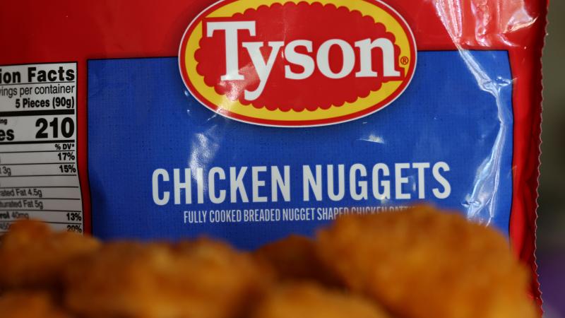 In this photo illustration, the Tyson logo is displayed on a bag of frozen chicken nuggets on November 12, 2024 in San Anselmo, California.