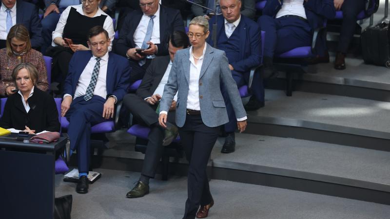 Alice Weidel, leader of the AfD Party, takes her seat at the inaugural session of the new Bundestag in Berlin, Germany, on March 25, 2025.
