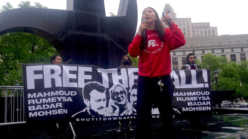 People take part in a rally and a protest in solidarity with Rumeysa Ozturk and Mohsen Mahdawi outside New York Federal Court as the court hears the U.S. government request to appeal the decisions in their cases in New York, United States on May 06, 2025.