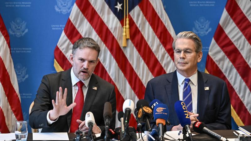 US Treasury Secretary Scott Bessent (R) and US Trade Representative Jamieson Greer hold a news conference in Geneva on May 12, 2025, to give details of "substantial progress" following a two-day closed-door meeting between US and China top officials aimed at ending a devastating tariff war.
