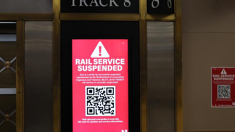 A "Rail Service Suspended" message is displayed in the NJ Transit station at Penn Station on May 16, 2025 in New York, New York.