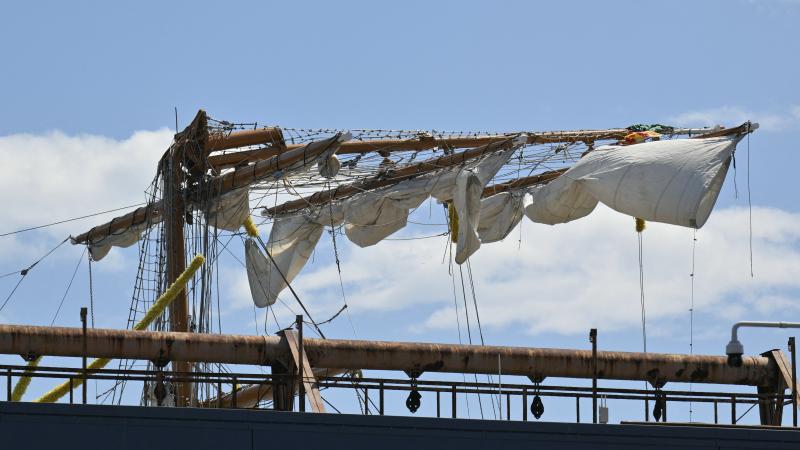 Damaged masts are seen on the Mexican Navy training ship that hit the Brooklyn Bridge on May 17, while moored in Lower Manhattan on May 19, 2025 in New York City.