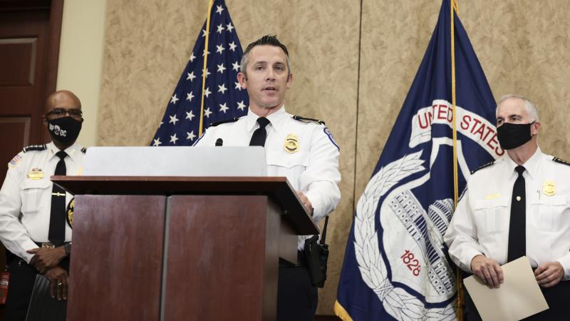 USCP Acting Assistant Chief for Uniformed Operations Sean Gallagher speaks at a news conference to discuss the law enforcement’s preparations ahead of the Justice for J6 Rally near the U.S. Capitol on September 17, 2021 in Washington, DC.