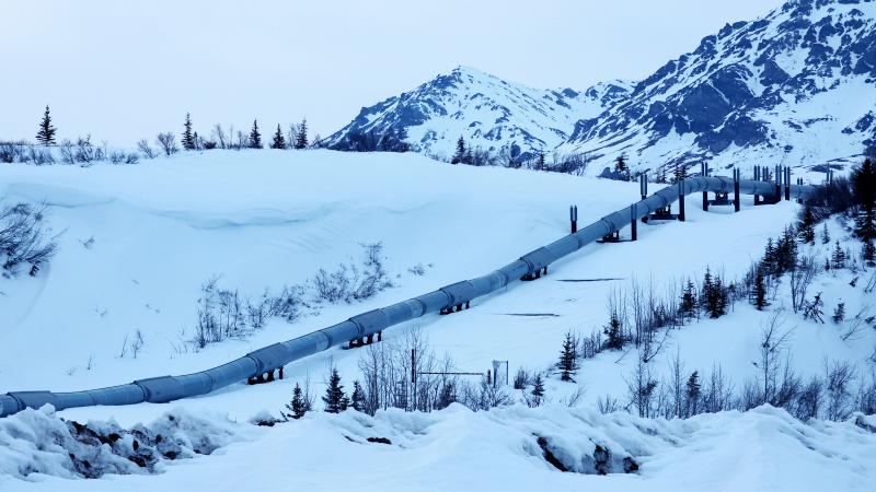 A part of the Trans Alaska Pipeline System runs past Alaska Range mountains on May 5, 2023 near Delta Junction, Alaska.