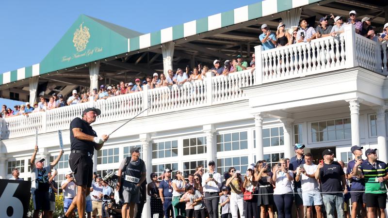 Captain Phil Mickelson of HyFlyers GC hits his shot from the 16th tee during day three of the LIV Golf Invitational - Bedminster at Trump National Golf Club on August 13, 2023 in Bedminster, New Jersey.