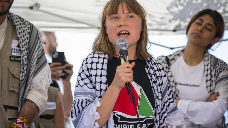 Greta Thunberg speaking at the press conference. Greta is part of the crew of the ship Madleen, headed to Gaza to deliver humanitarian aid on June 01, 2025 in Catania, Italy.