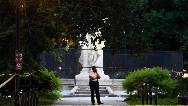 WASHINGTON, DC, - JUNE 7: Police Chief Pamela Smith takes a phone call in Dupont Circle following a stabbing in the park on the day of the World Pride Parade in Washington, DC, on June 7, 2025. (Photo by Allison Robbert/For The Washington Post via Getty Images)