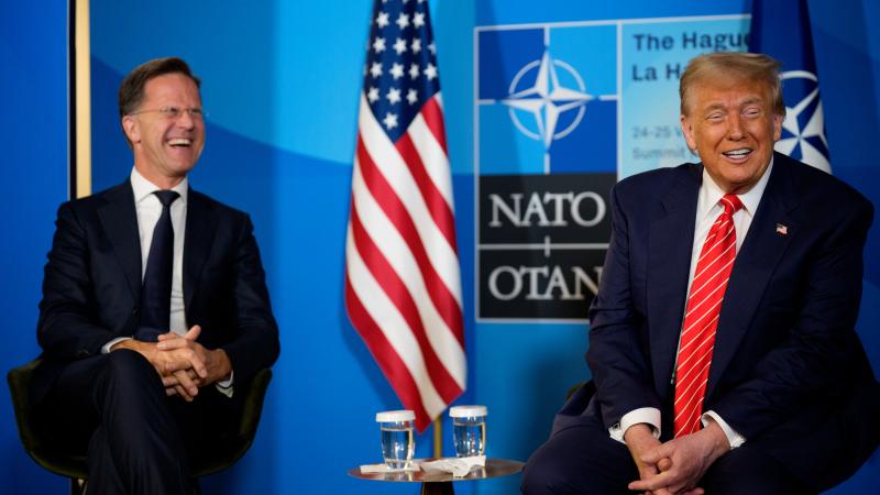 U.S. President Donald Trump (R) and NATO Secretary General Mark Rutte speak to media at the start of the second day of the 2025 NATO Summit on June 25, 2025 in The Hague, Netherlands.