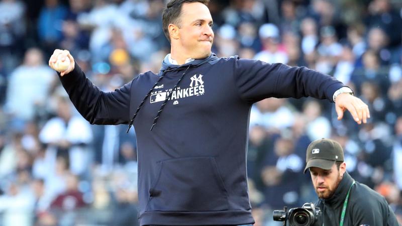  Former New York Yankees Mark Teixeira throws out the first pitch prior to game two of the American League Division Series between the New York Yankees and the Minnesota Twins at Yankee Stadium on October 05, 2019 in New York City