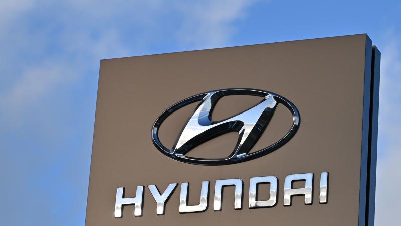 A general view of Hyundai signage and logo at a dealership showroom on January 22, 2024 in Southend, United Kingdom