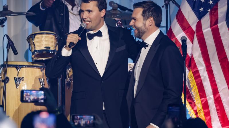 Charlie Kirk introduces U.S. Vice President-elect JD Vance on stage during the Turning Point USA Inaugural-Eve Ball at the Salamander Hotel on January 19, 2025 in Washington, DC