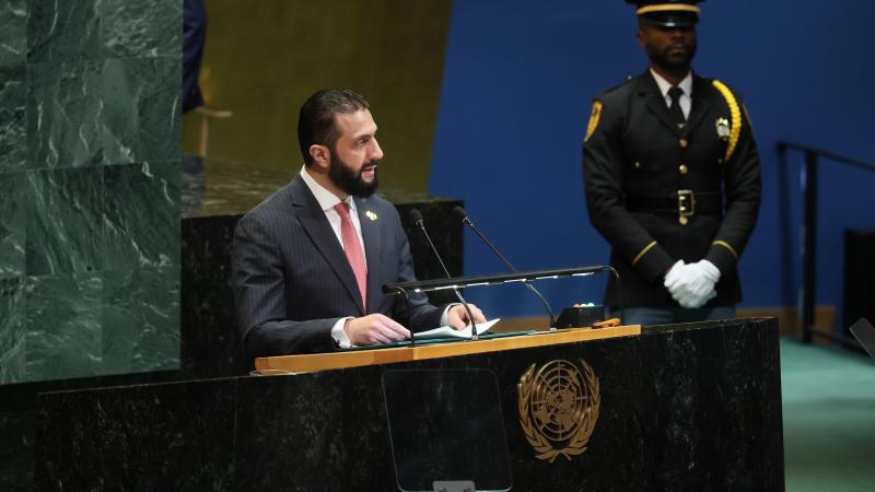 President of Syria Ahmad Al-Sharaa speaks during the United Nations General Assembly (UNGA) at the United Nations headquarters on September 24, 2025 in New York City