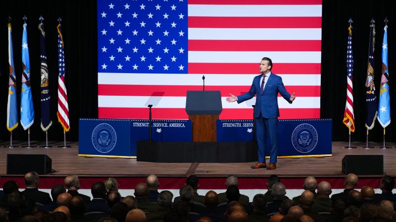 U.S. Secretary of War Pete Hegseth speaks to senior military leaders at Marine Corps Base Quantico on September 30, 2025 in Quantico, Virginia.