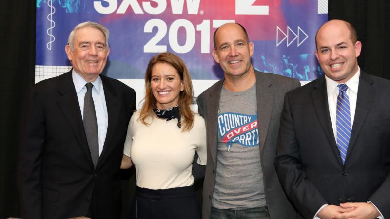 News anchor Dan Rather, new correspondent Katy Tur, Chief Political Analyst of ABC News Matthew Dowd, and Brian Stelter of CNN