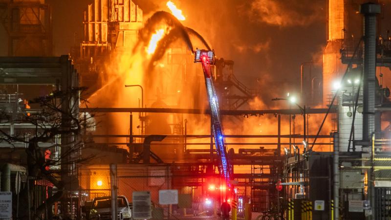 Fire burns at a Chevron refinery on October 3, 2025 in El Segundo, California.