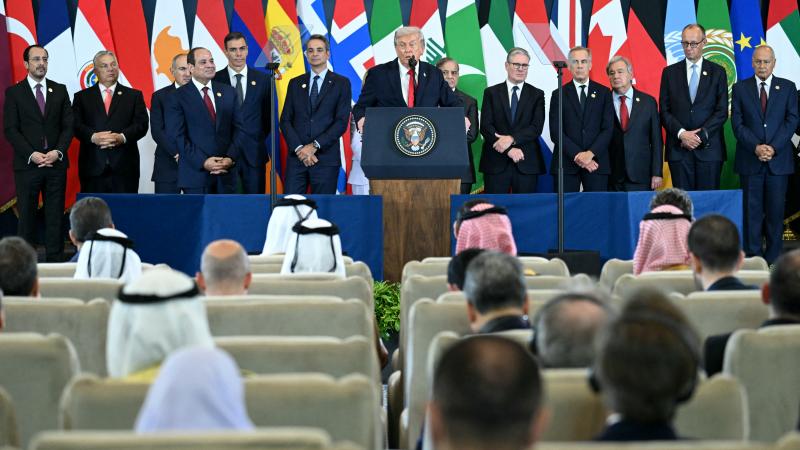 US President Donald Trump speaks during the Sharm El-Sheikh Peace Summit in the Egyptian Red Sea resort town of Sharm el-Sheikh on October 13, 2025.