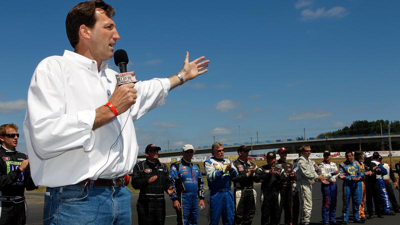 Oregon gubernatorial candidate Chris Dudley premeets drivers and speaks before the NASCAR K&N Pro Series West Bi-Mart Salute to the Troops 125 on July 18, 2010