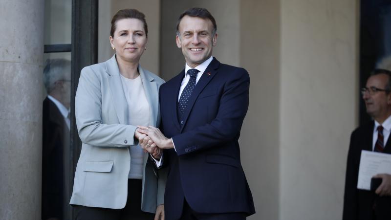 French President Emmanuel Macron (R) greets Denmark Prime Minister Mette Frederiksen upon her arrival at the Elysee Palace on January 06, 2026 in Paris, France