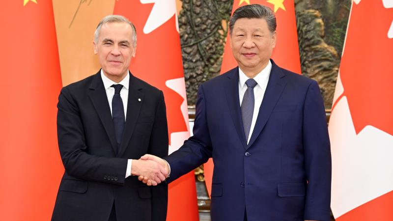 Chinese President Xi Jinping meets with Canadian Prime Minister Mark Carney at the Great Hall of the People in Beijing, capital of China, Jan. 16, 2026