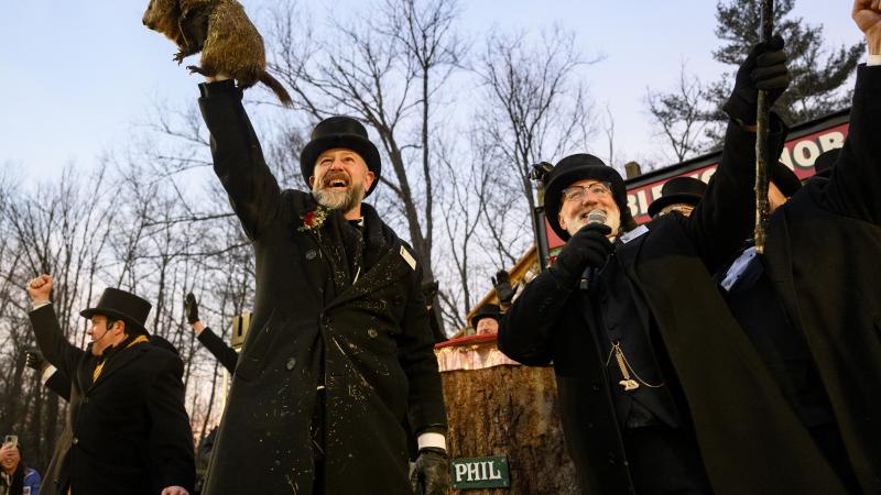 Groundhog handler AJ Dereume holds Punxsutawney Phil after he saw his shadow predicting 6 more weeks of winter during the 139th annual Groundhog Day festivities on Friday February 2, 2025 in Punxsutawney, Pennsylvania