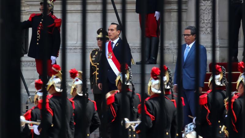 Newley President of Peru, Jose Jeri (C), arrives at Government Palace after the announcement of Dina Boluarte's dismissal from office on October 10, 2025 in Lima, Peru