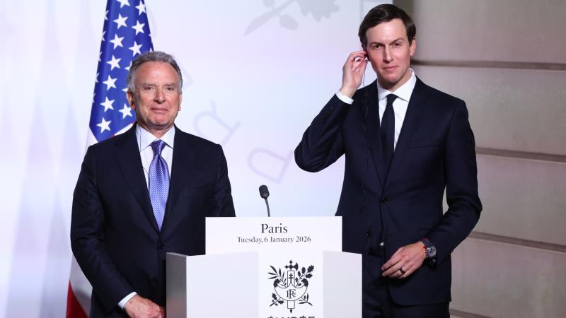Steve Witkoff US Special Envoy and Jared Kushner attend a Press Conference during the 'Coalition Of The Willing' meeting at Elysee Palace on January 6, 2026 in Paris, France. 