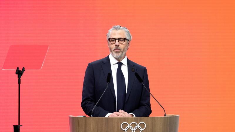 Chairman of LA28 Casey Wasserman speaks during the IOC Session at the Main Media Centre MPC at Allianz MiCo on February 03, 2026 in Milan, Italy