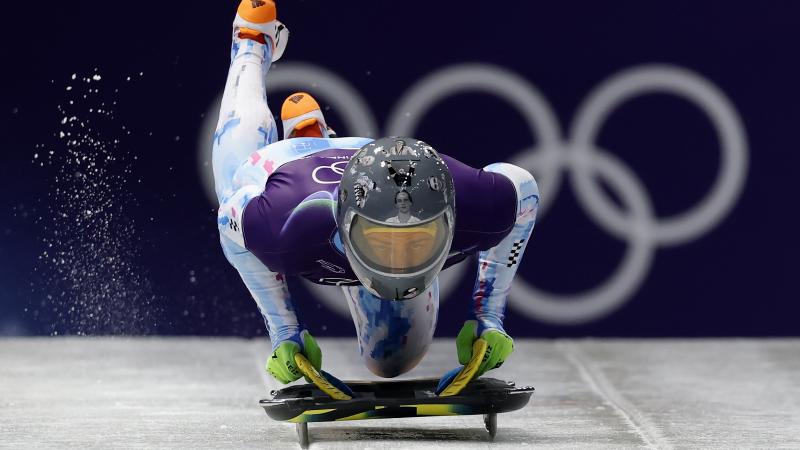 Vladyslav Heraskevych of Team Ukraine participates during Men's Training Heat 5 on day five of the Milano Cortina 2026 Winter Olympic games at Cortina Sliding Centre on February 11, 2026