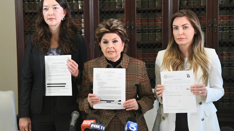 Olivia Flushing, Gloria Allred and Crystal Hefner attend a Gloria Allred Press Conference With Crystal Hefner on February 17, 2026 in Los Angeles, California.