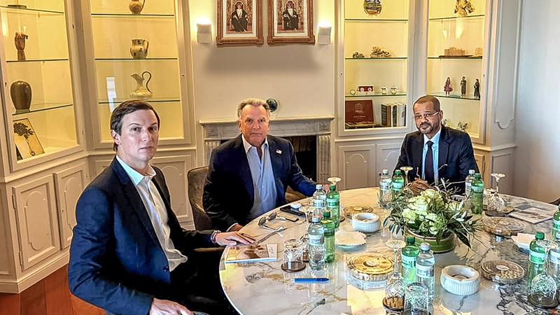 US special envoy Steve Witkoff (C) and Jared Kushner hold a meeting with Oman's Foreign Minister Badr Albusaidi (R) in Geneva