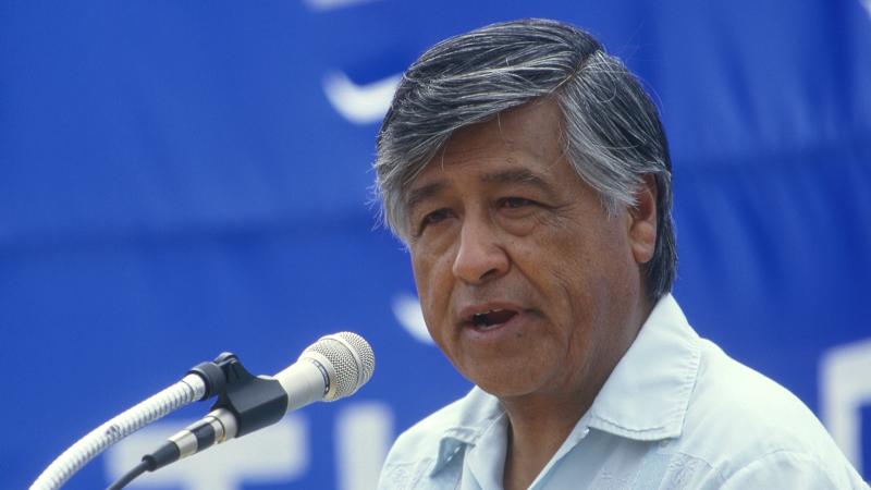 United Farm Workers President Cesar Chavez speaks to crowd of supporters as he joined Presidential candidate Jesse Jackson in a support walk and rally, June 4,1988 in McFarland, California.