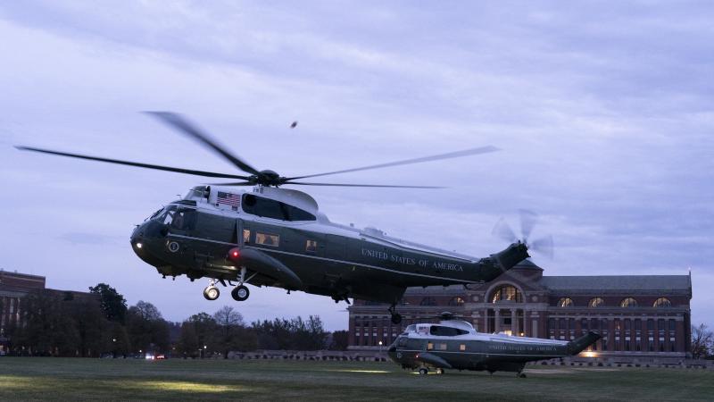 Marine One with US President Joe Biden and First Lady Jill Biden lands at Fort Lesley J. McNair in Washington, DC, on November 10, 2024.