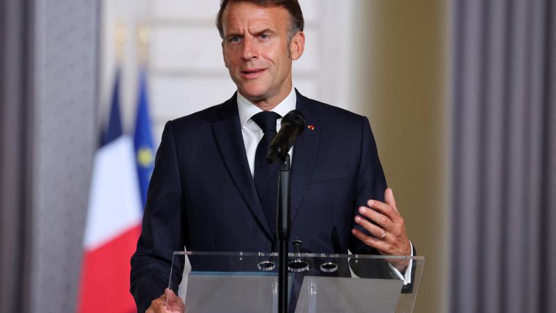 France's President Emmanuel Macron speaks during a joint statement with SoftBank group Chairman and CEO after a meeting at The Elysee Presidential Palace in Paris on June 1, 2026.