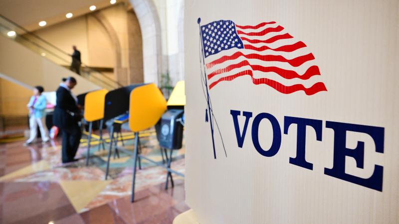 People vote at a polling location at the Metro Headquarters Building during California's state primary election in Los Angeles, California