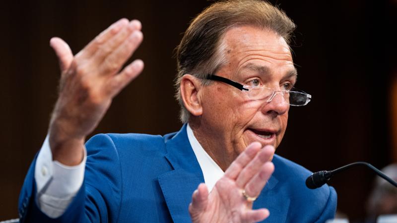Nick Saban answers questions during Senate Commerce, Science & Transportation Committee hearing 
