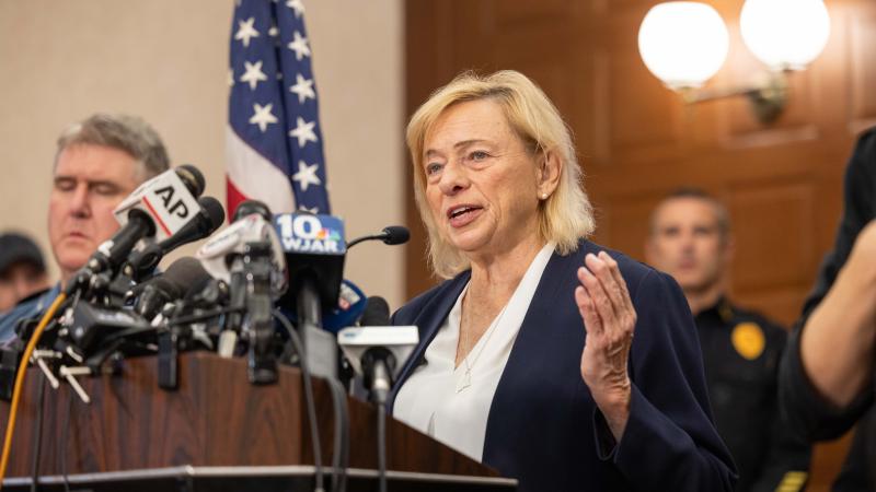 Maine Gov. Janet Mills speaks during a press conference about the mass shooting on Oct. 26, 2023 in Lewiston, Maine.