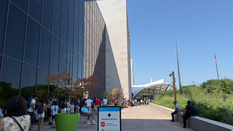 Lines outside the National Air and Space Museum on its 50th anniversary; opening of five new galleries
