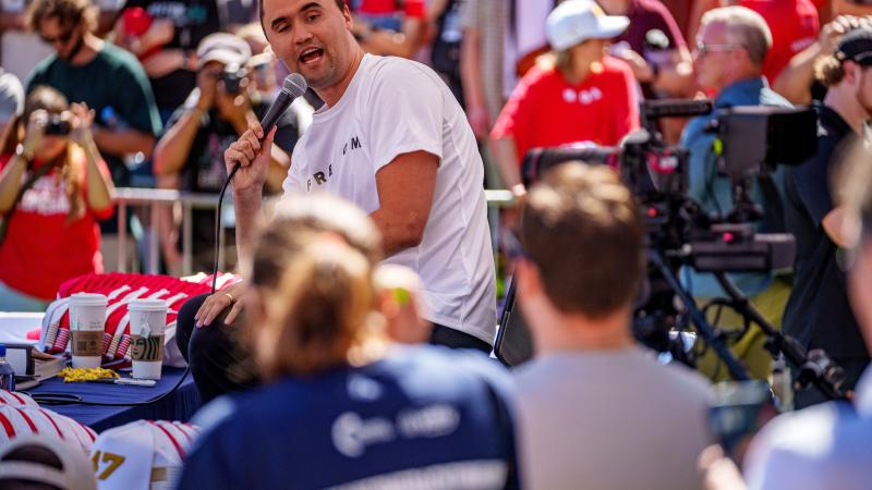 Charlie Kirk speaks at Utah Valley University on Sept. 10, 2025 in Orem, Utah.