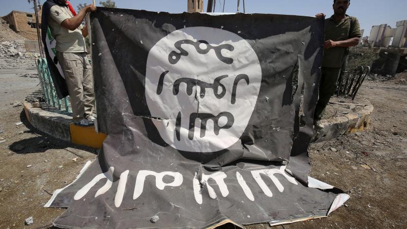 Fighters from the Hashed al-Shaabi (Popular Mobilisation units), backing the Iraqi forces, pose for a photograph with a flag of the Islamic State (IS) group in Tal Afar's Qalea central district during an operation to retake the city from the jihadists on August 27, 2017. 