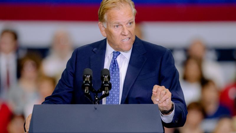 Michigan Republican U.S. Senate candidate Mike Rogers speaks during a rally at Universal Contracting and Urban Tree Trimming on August 31, 2026 in Sterling Heights, Michigan. The event featured multiple speakers who represent Michigan's Republican ticket for the 2026 election.