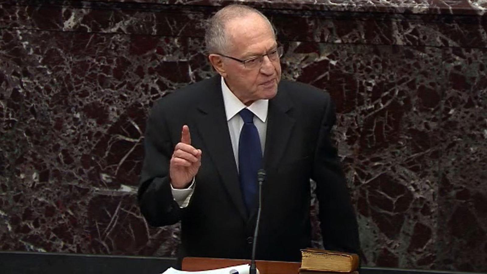 WASHINGTON, DC - JANUARY 27: In this screenshot taken from a Senate Television webcast, Legal Counsel for President Donald Trump, Alan Dershowitz speaks during impeachment proceedings against U.S. President Donald Trump in the Senate at the U.S. Capitol on January 27, 2020 in Washington, DC. Democratic House managers have concluded their opening arguments and President Trump's lawyers now continue to present their defense.