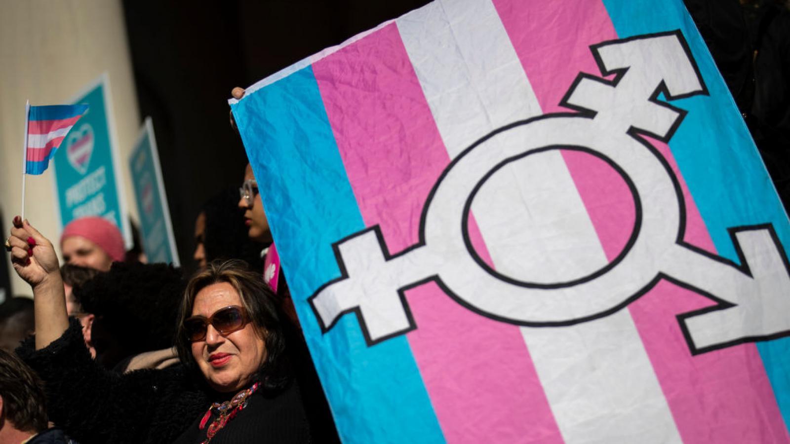 Trans flag with protesters in New York.