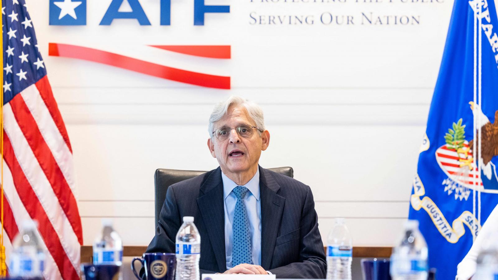 US Attorney General Merrick Garland announces the launch of the Justice Department's "five cross-jurisdictional trafficking strike forces" to staff from Alcohol, Tobacco and Firearms (ATF) and the Department of Justice at the ATF in Washington, DC, on 22 July, 2021.
