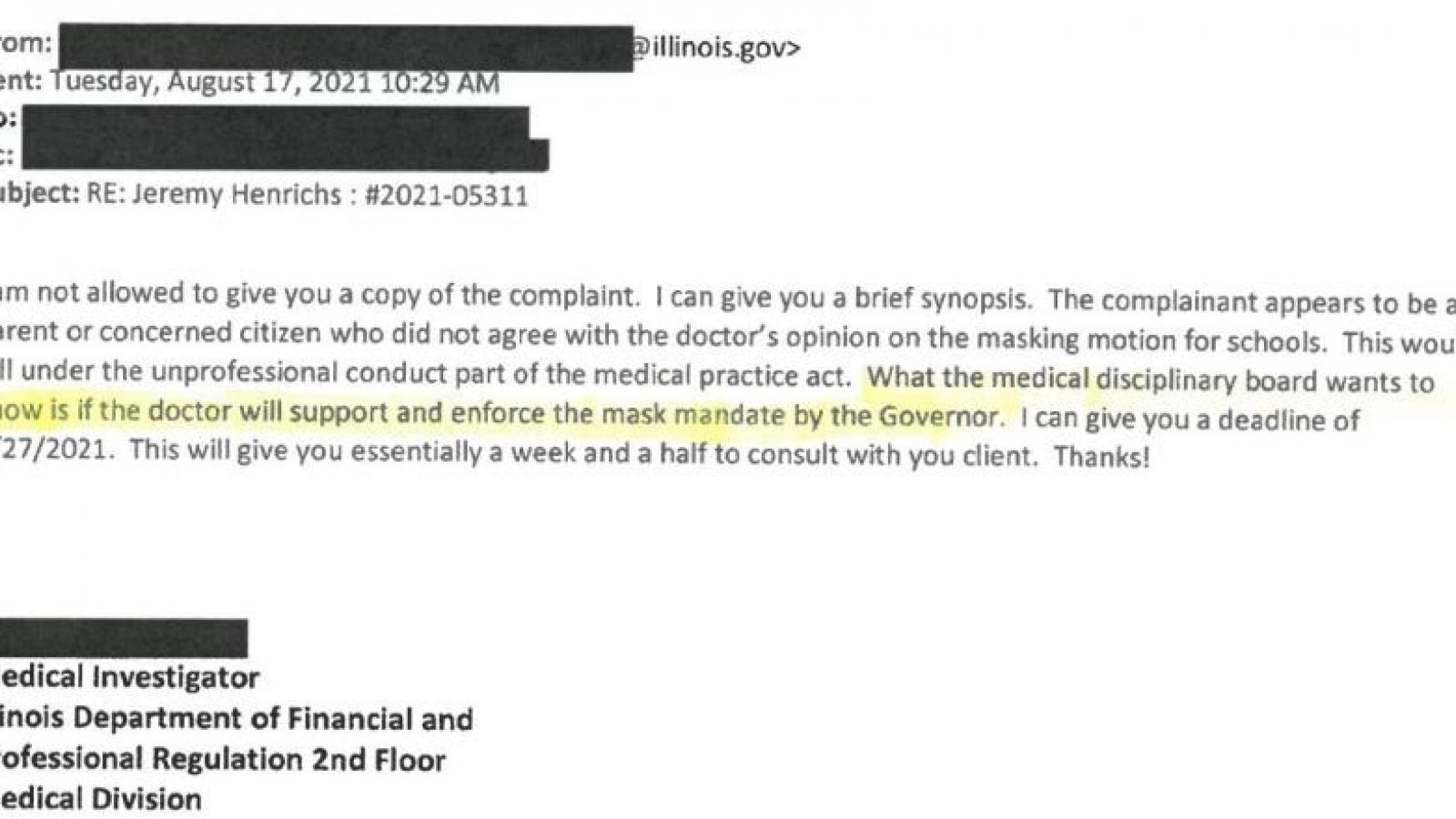 IDFPR email to Dr. Henricks lawyer refusing to provide complaint
