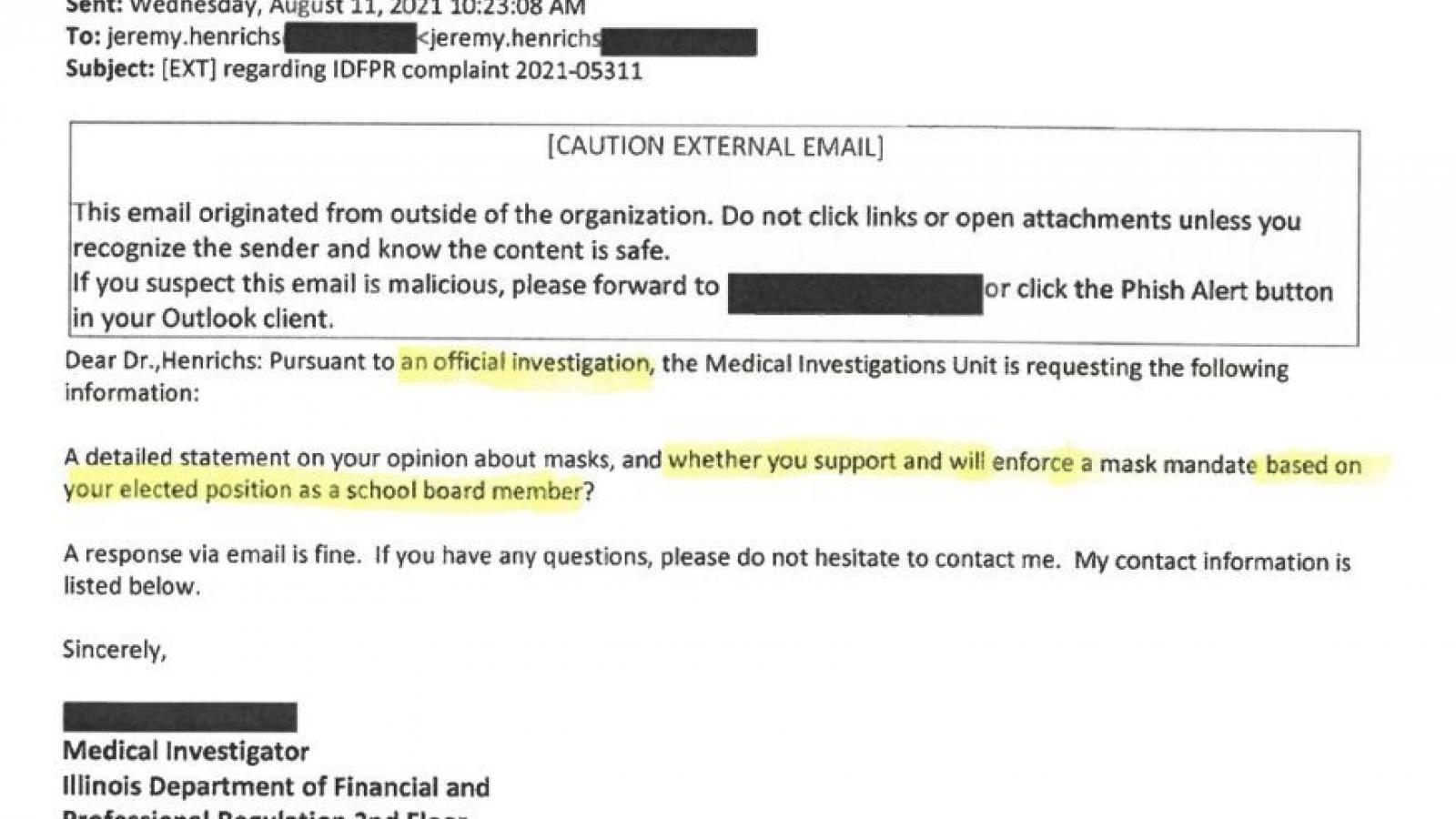 IDFPR email to Dr. Henricks on "unprofessional conduct" investigation