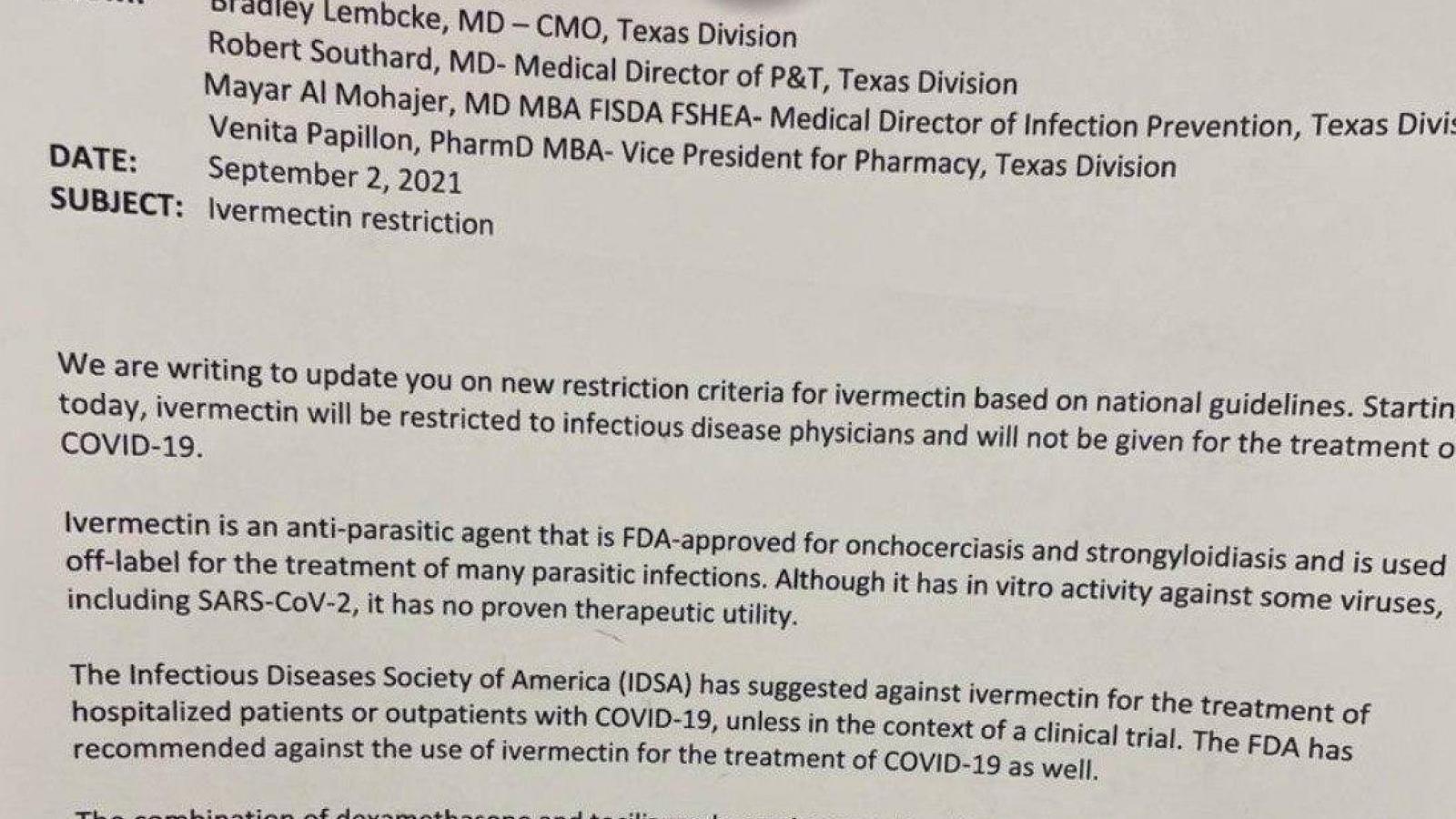 St. Luke's Health memo banning ivermectin to treat COVID