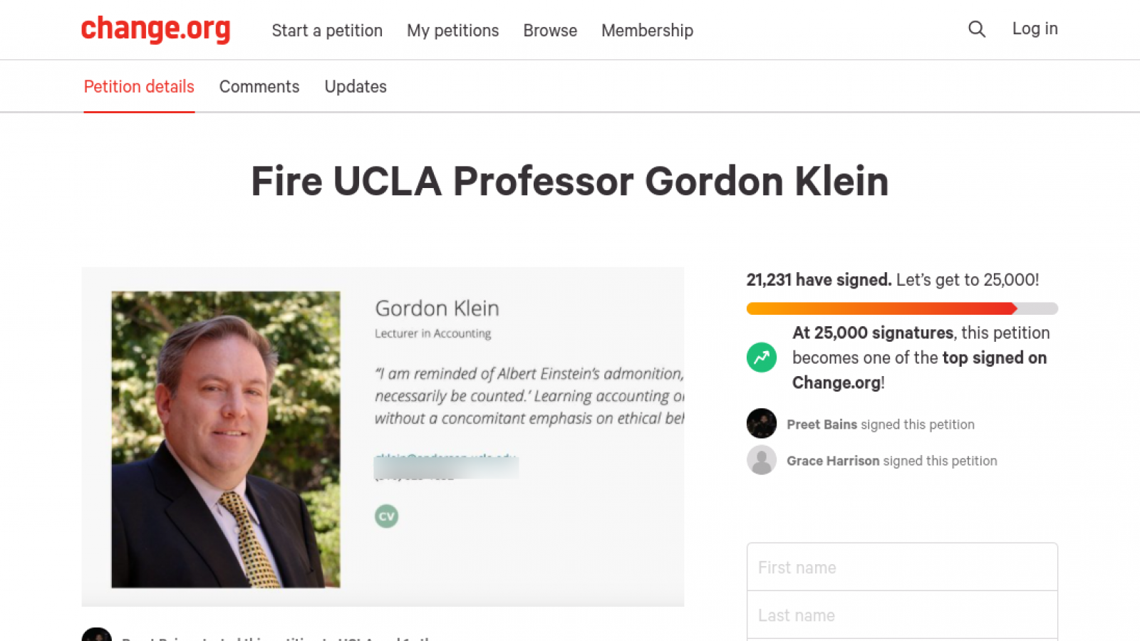 Petition to fire UCLA lecturer Gordon Klein