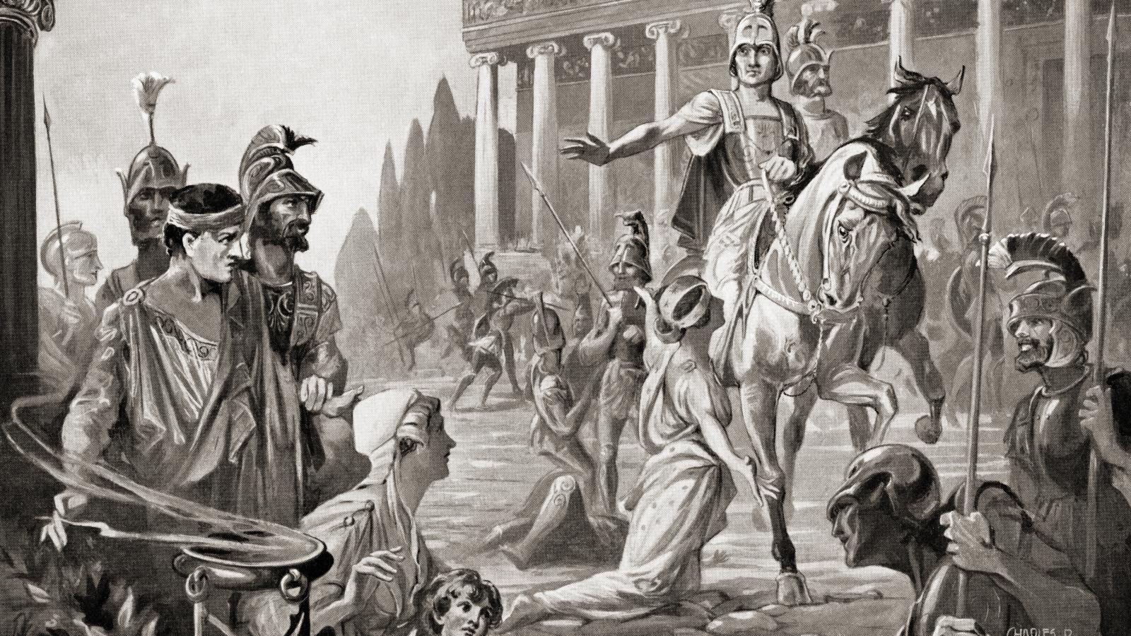 The sacking of Thebes, Greece, in 335 BC by Alexander The Great, aka Alexander III of Macedon.