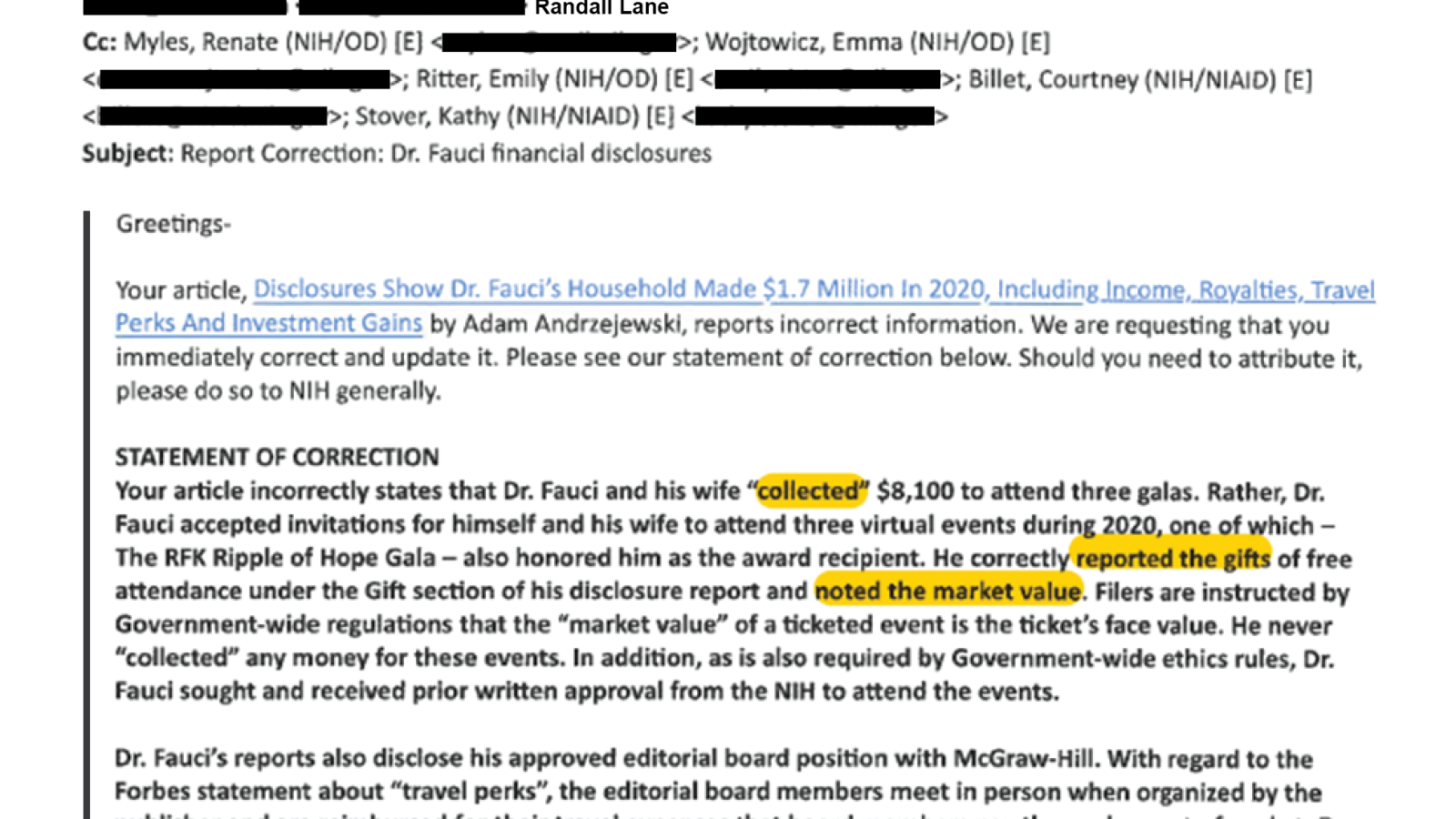 NIH correction letter to Forbes regarding Fauci financials