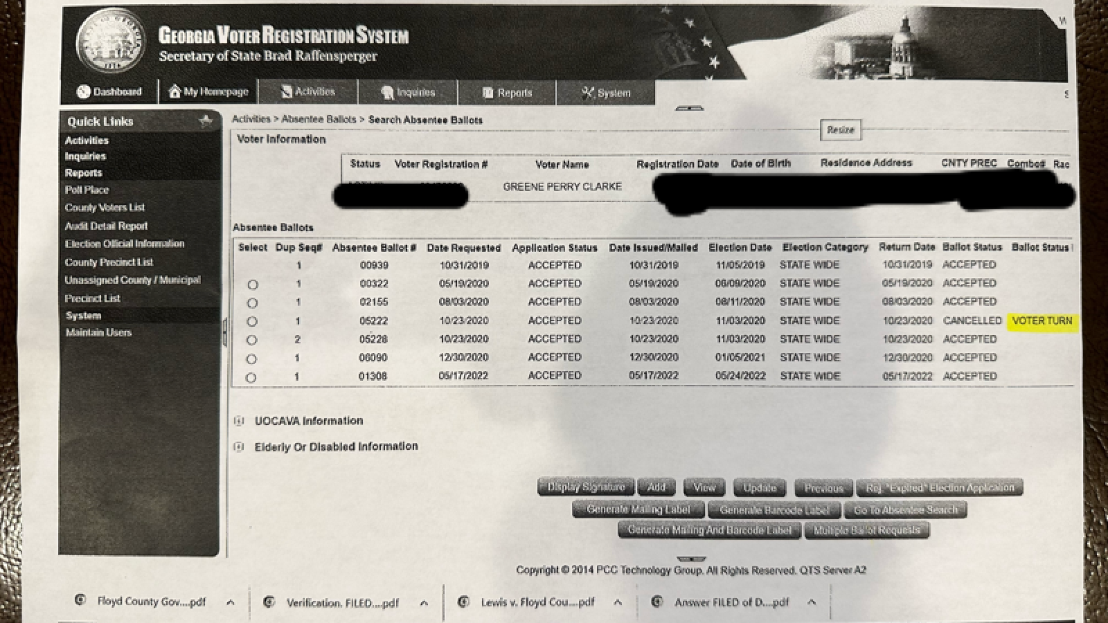 Perry Greene ballot record